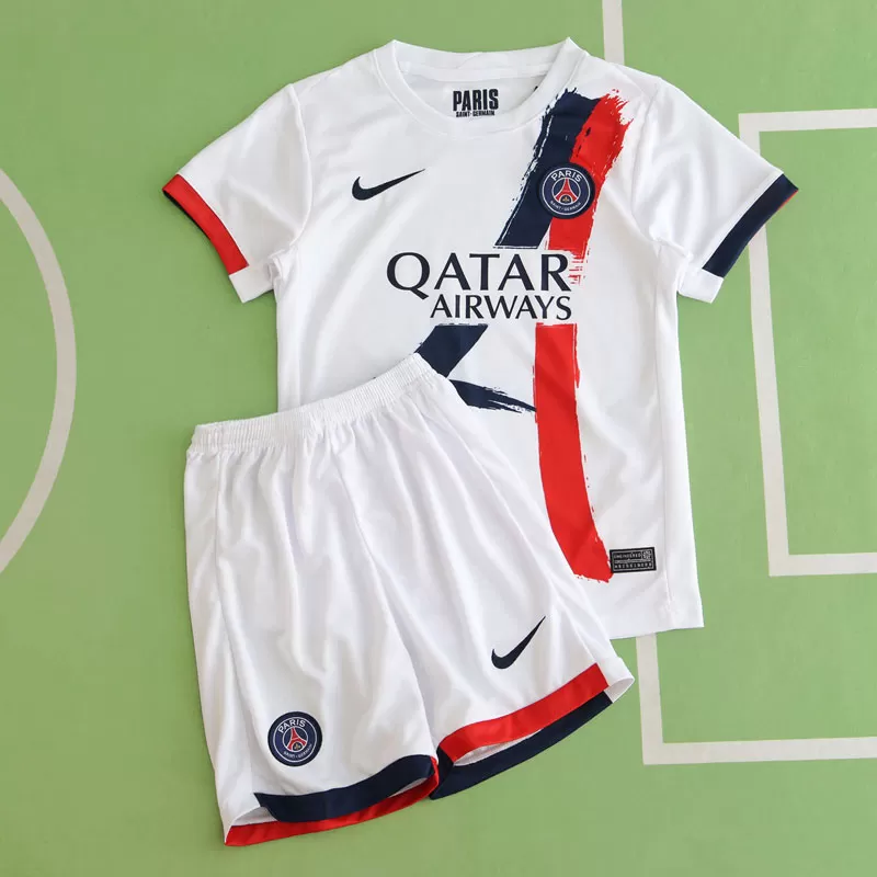 Otroški gostujoči nogometni dres PSG 2024/25 beli komplet