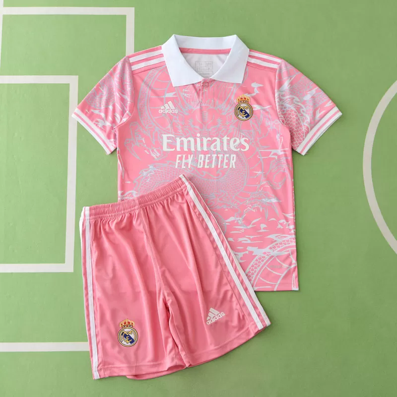 Rožnati Real Madrid dres za otroke 2024/25 komplet z motivom zmaja