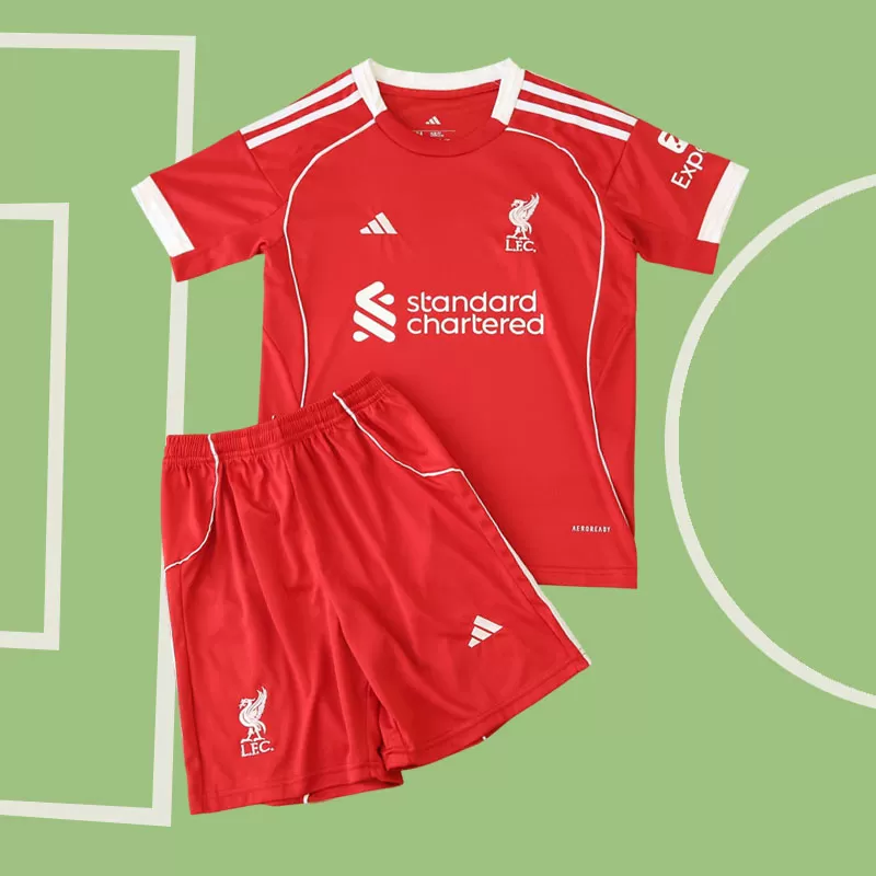 Liverpool otroški domači dres 2025-26 - rdeča nogometna majica in kratke hlače
