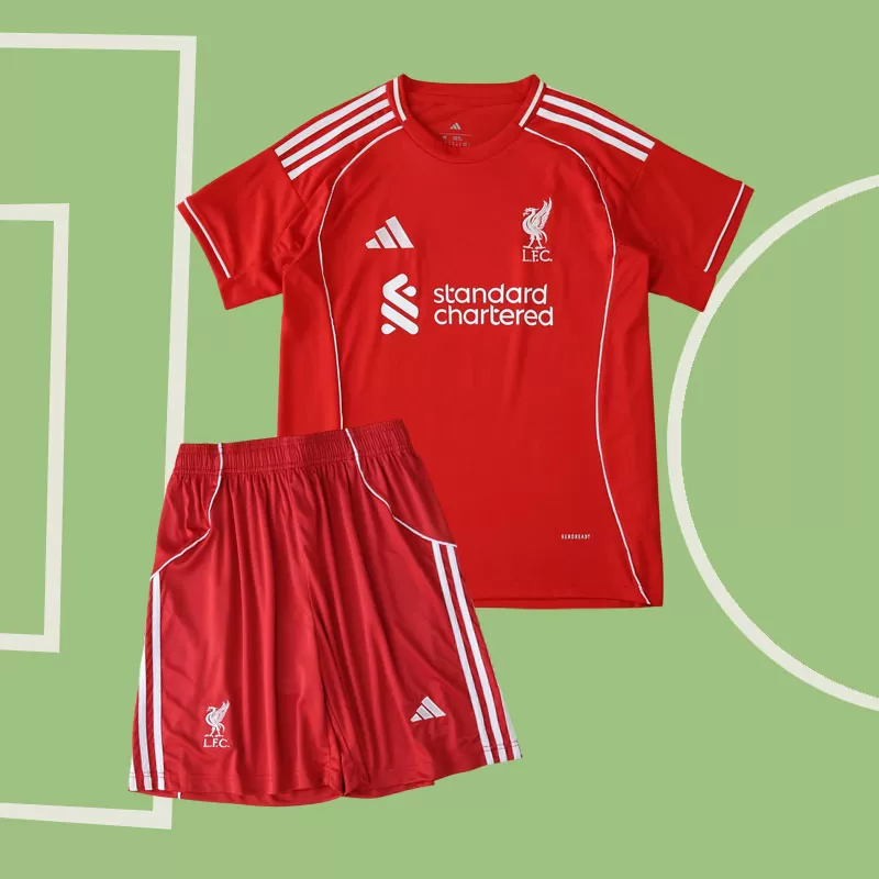 Otroški nogometni dresi Liverpool 2025/26 domači - rdeč komplet