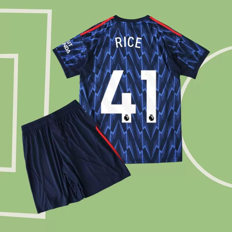 Arsenal FC otroški gostujoči nogometni dres 2025/26 Rice 41 s hlačkami