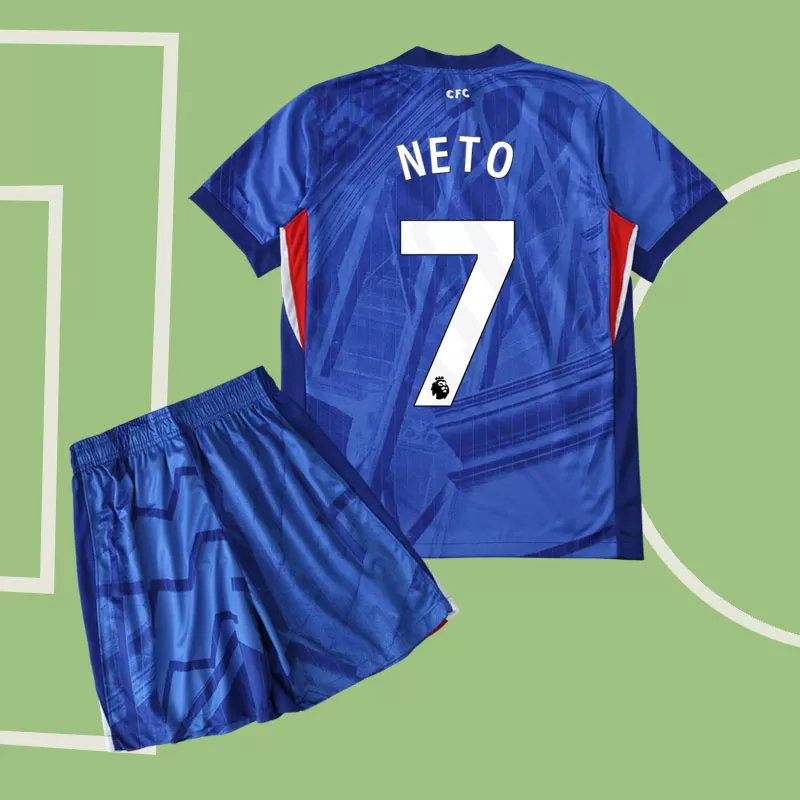 Chelsea FC 25/26 otroški domači nogometni dresi - modri komplet z imenom NETO 7