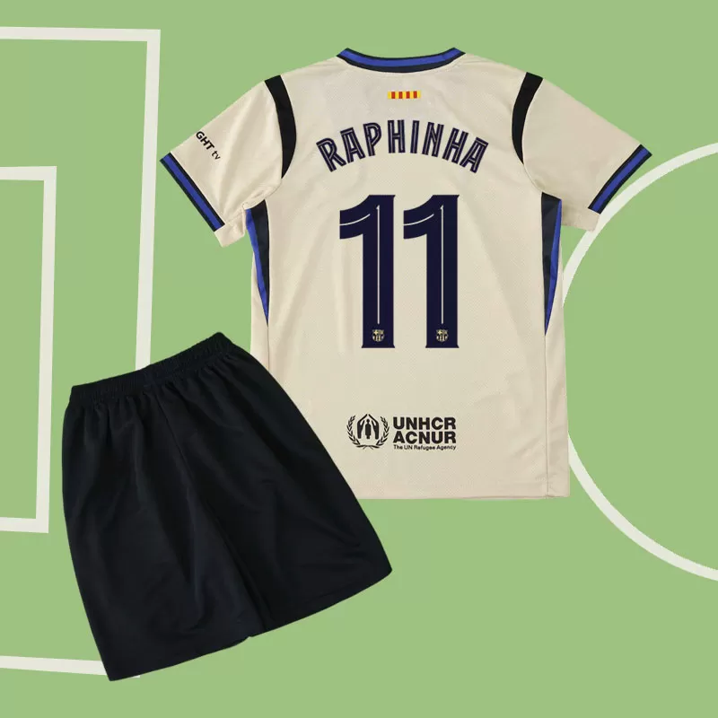 FC Barcelona otroški gostujoči nogometni dres 2025/26 Raphinha 11 s hlačkami