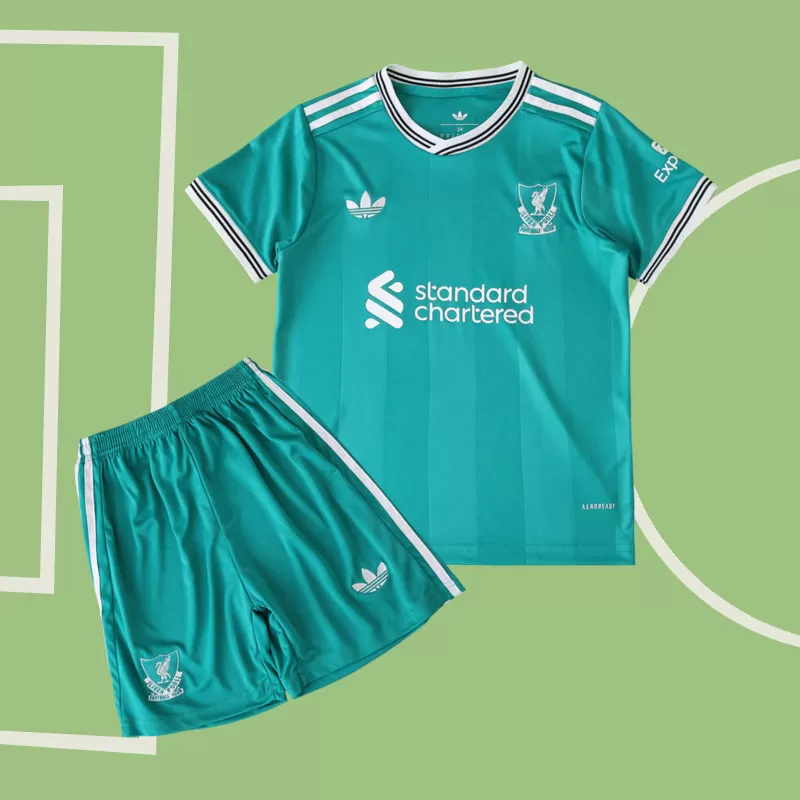 Liverpool otroški tretji dres 2025/26 zelena majica in hlače