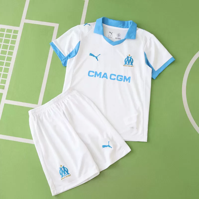 Marseille 25/26 otroški nogometni dresi – bela domača oprema + kratke hlače