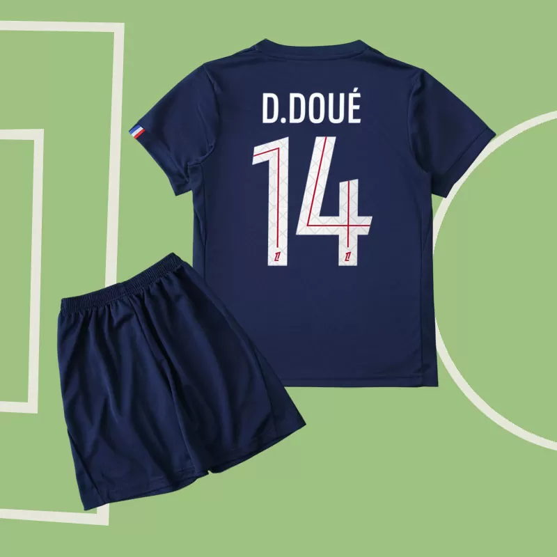 Nogometni dres PSG 2025/26 za otroke - domači trikot in hlačke D. Doué 14