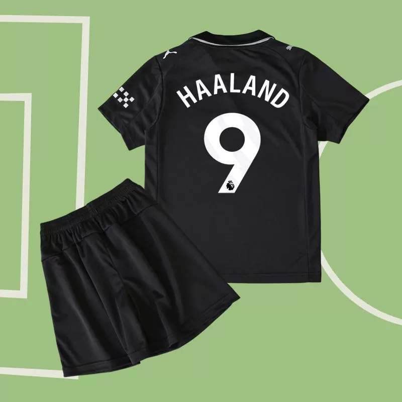 Otroški črni gostujoči dres Manchester City 2025/26 Haaland 9 majica + hlače