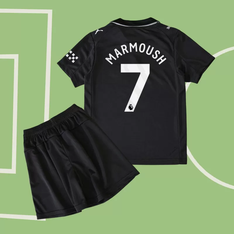 Otroški gostujoči dres Manchester City 25/26 Marmoush 7 črn komplet