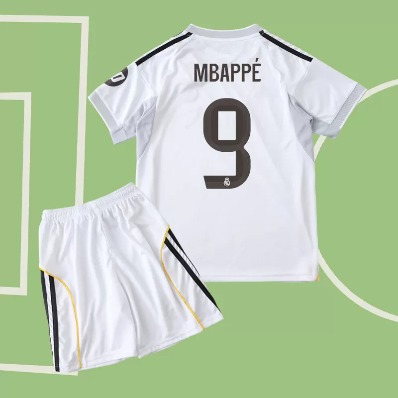 Real Madrid 2025/26 otroški domači dres - komplet z natisom Mbappé 9