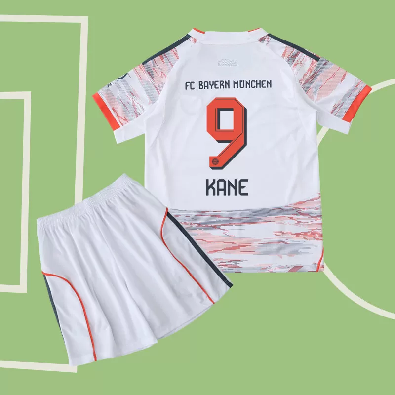 Bayern otroški gostujoči dres 2025/26 komplet majica Kane 9 + kratke hlače
