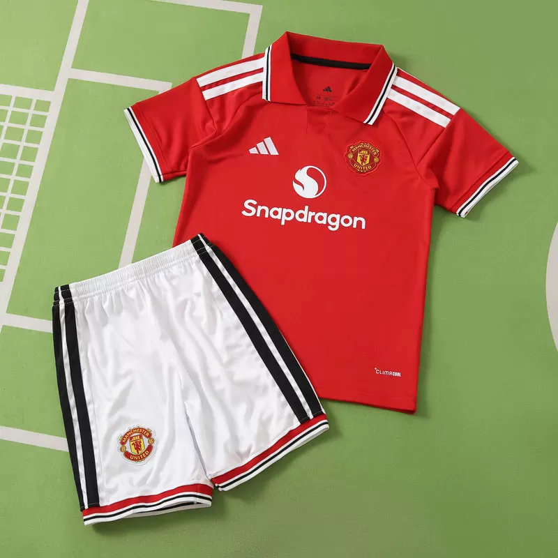 Otroški nogometni dres Manchester United 2026/27 – rdeča domača majica + kratke hlače