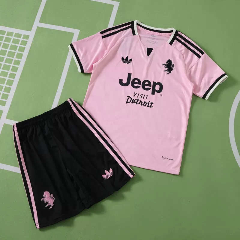 Juventus 2026/27 Gostujoči Dres Otroški – Roza Nogometni Dres s Kratkimi Hlačami